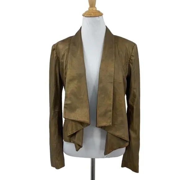 Cache Jacket Womens 0 Metallic Gold Open Front Waterfall Shoulder Pad Cropped - Picture 1 of 12